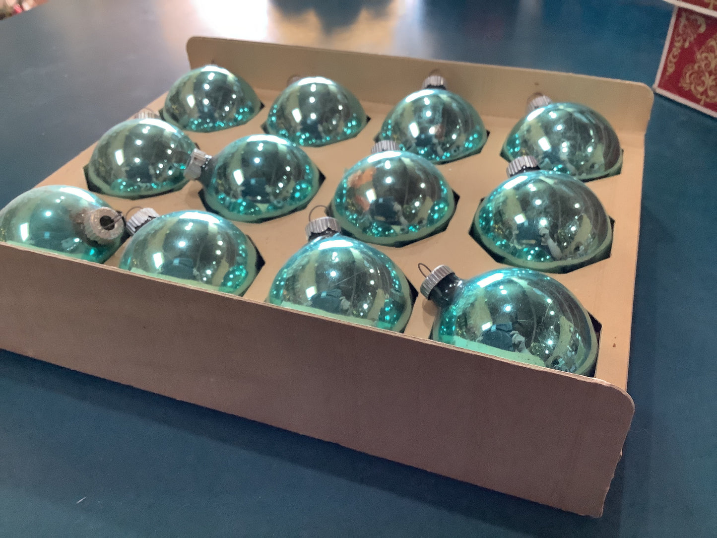 Bo11 box of shiny brite bright turquoise ornaments 2 1/4"
