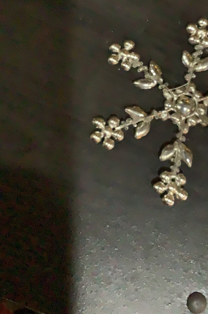 Jeweled snowflake ornament, floral pattern, silver metal  5"x5"