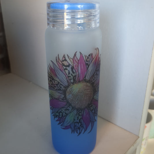 17oz Double Walled Blue Ombre Glass Tumbler Cheetah Sunflower