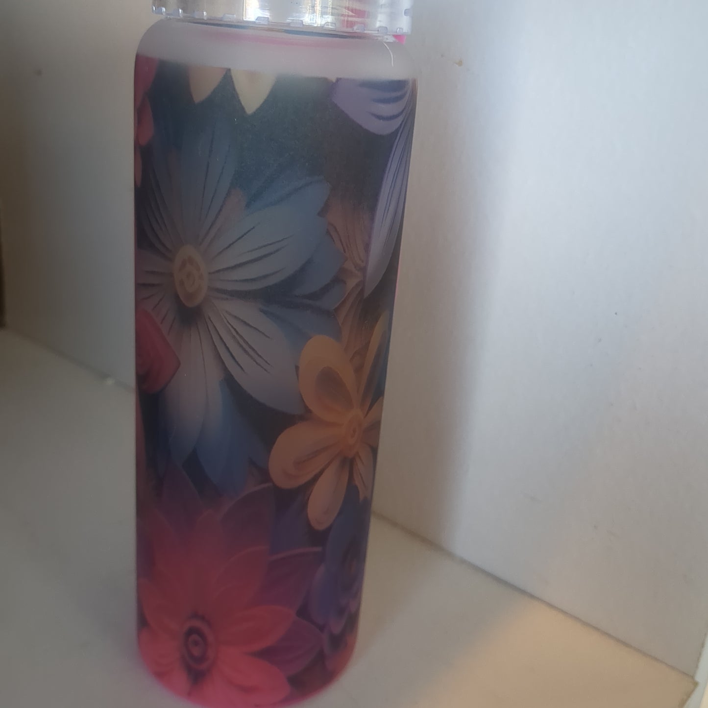 17oz Double Walled Glass Tumbler pink with flowers