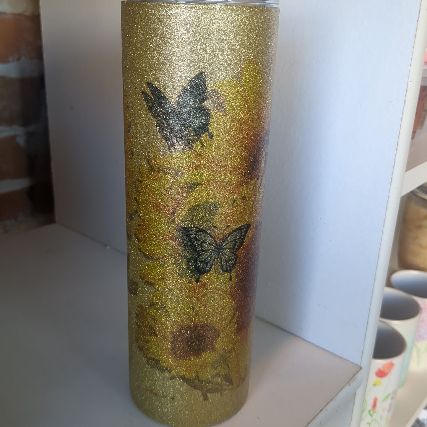 30 Ounce Stainless Steel Insulated Glitter Tumbler With Butterflies And Sunflowers