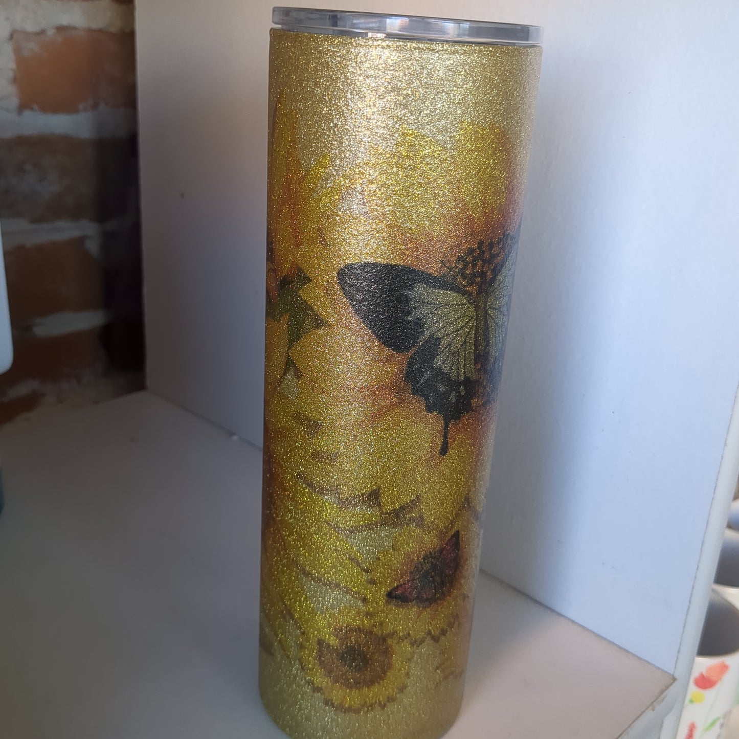 30 Ounce Stainless Steel Insulated Glitter Tumbler With Butterflies And Sunflowers