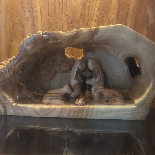 Large Grotto nativity made from Roots of the olive wood tree.  Made in Bethlehem. N1