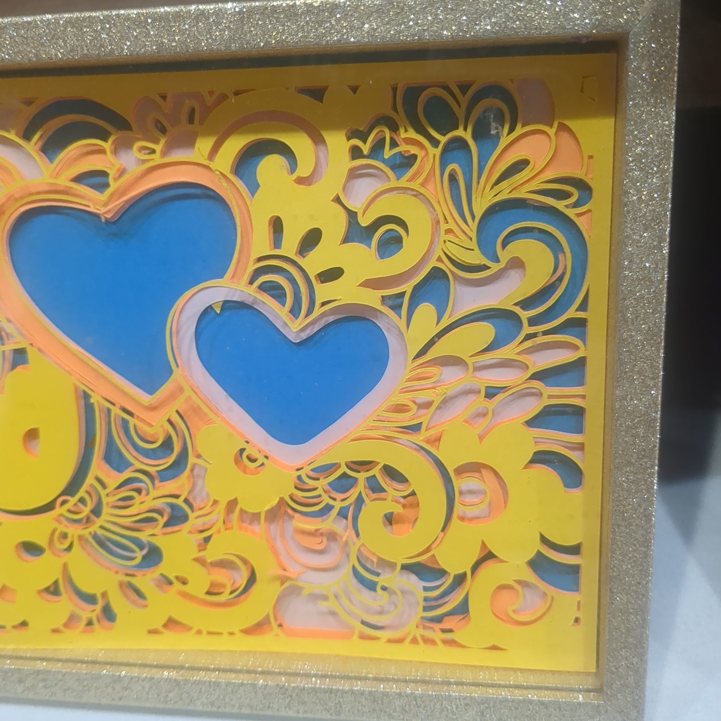 5 x 7“ gold shadowbox with Papercut paisley heart
