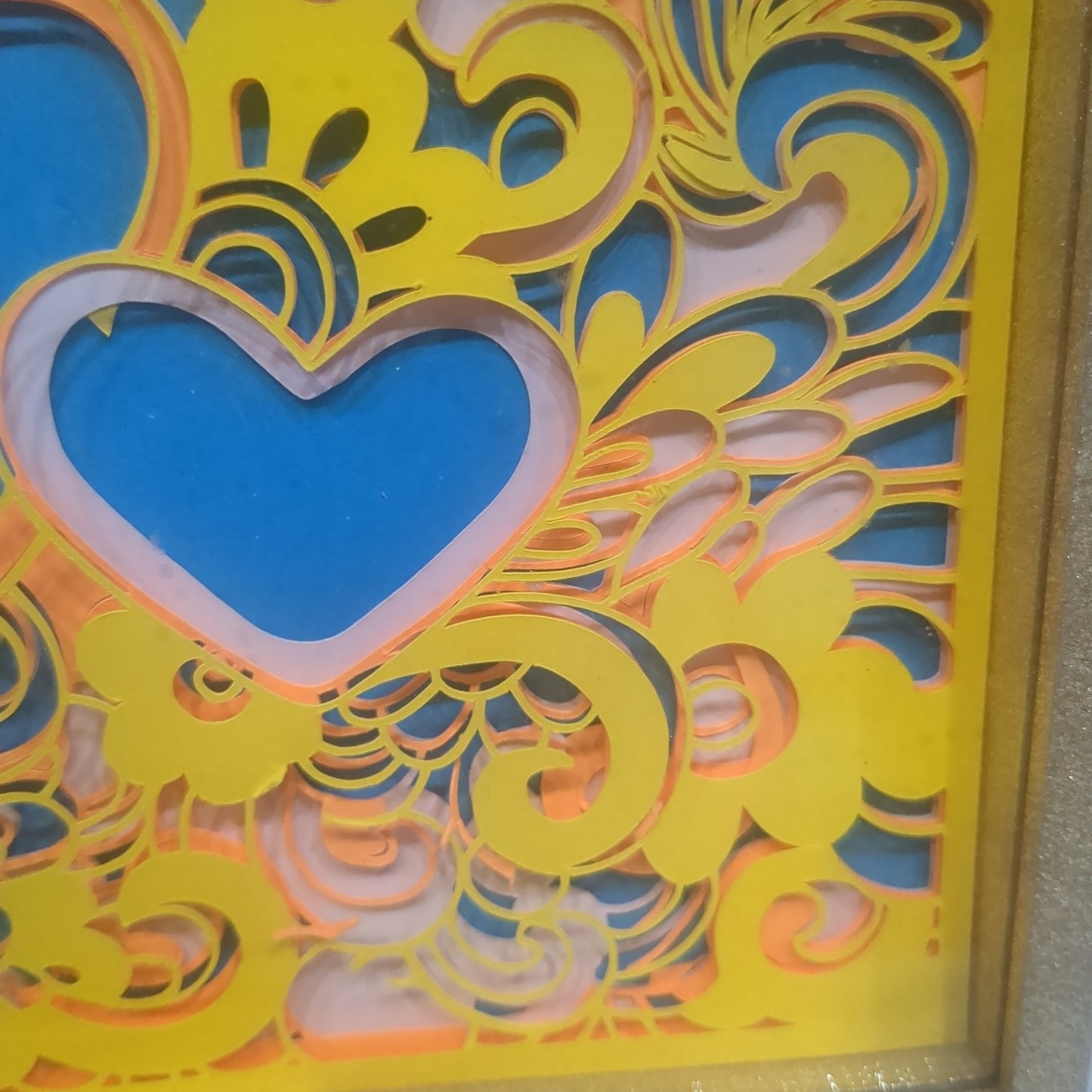 5 x 7“ gold shadowbox with Papercut paisley heart