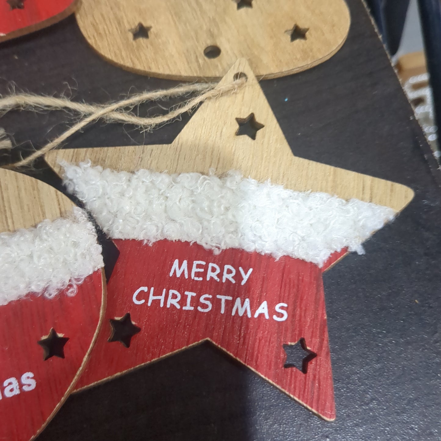 Set of 4 Wooden ornaments painted with furry trim