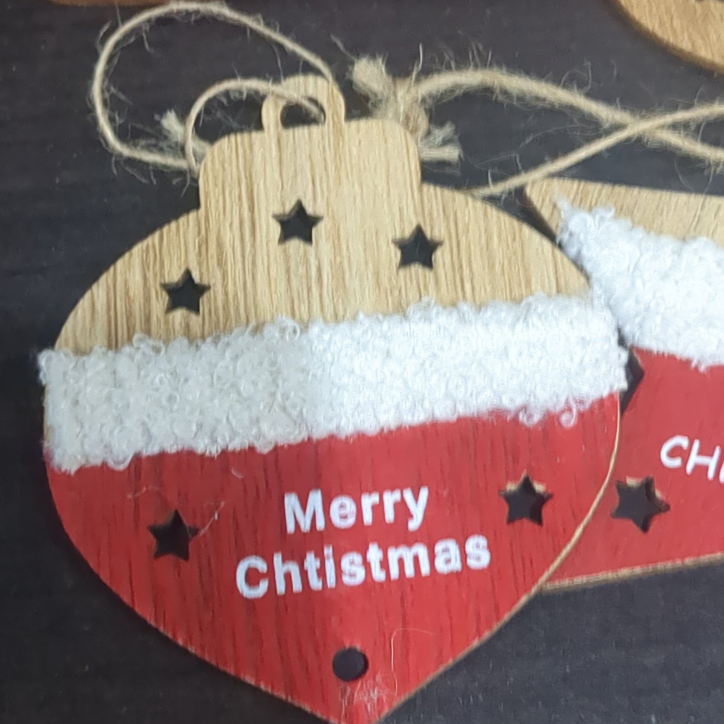 Set of 4 Wooden ornaments painted with furry trim
