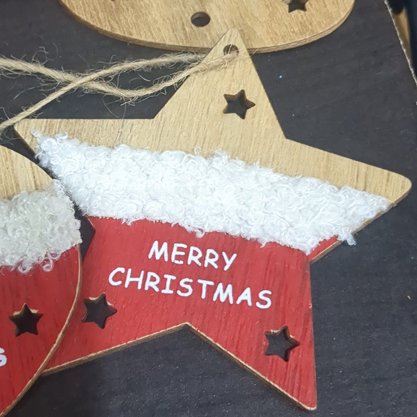 Set of 4 Wooden ornaments painted with furry trim