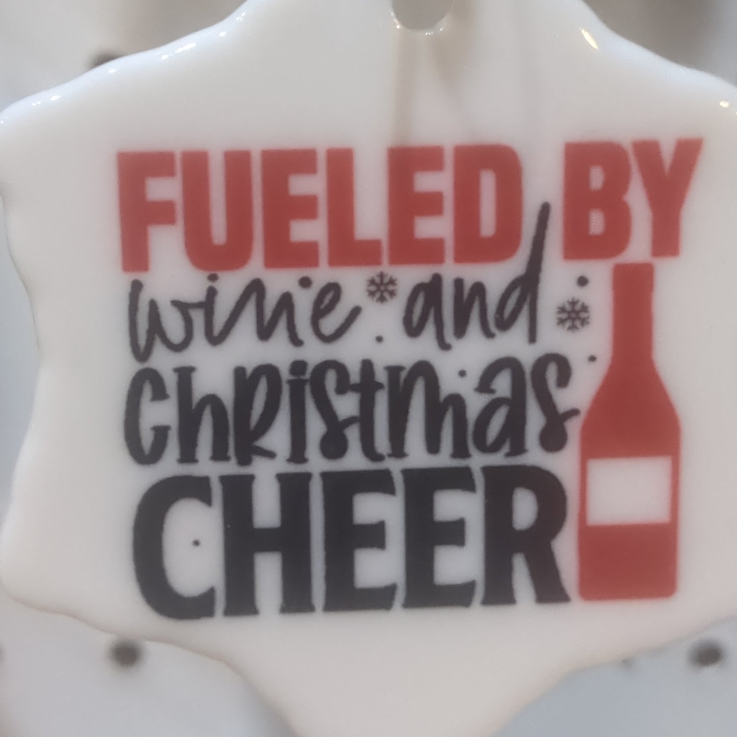 Ceramic wine ornament. Fueled by wine and Christmas cheer