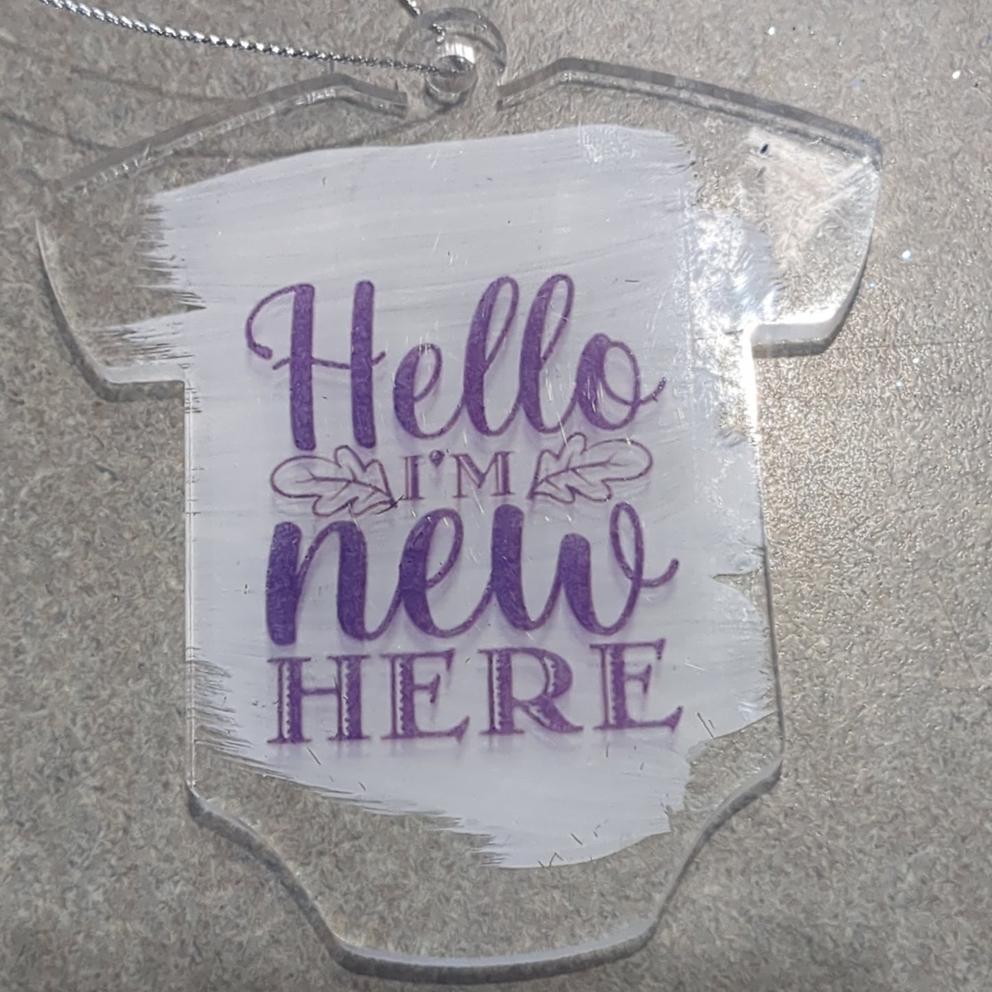 Acrylic onesie ornament hello I'm new here baby ornament