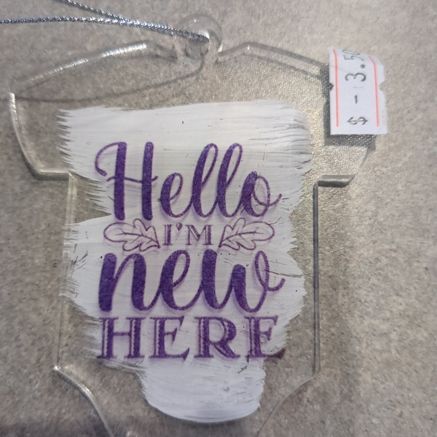 Acrylic onesie ornament hello I'm new here baby ornament