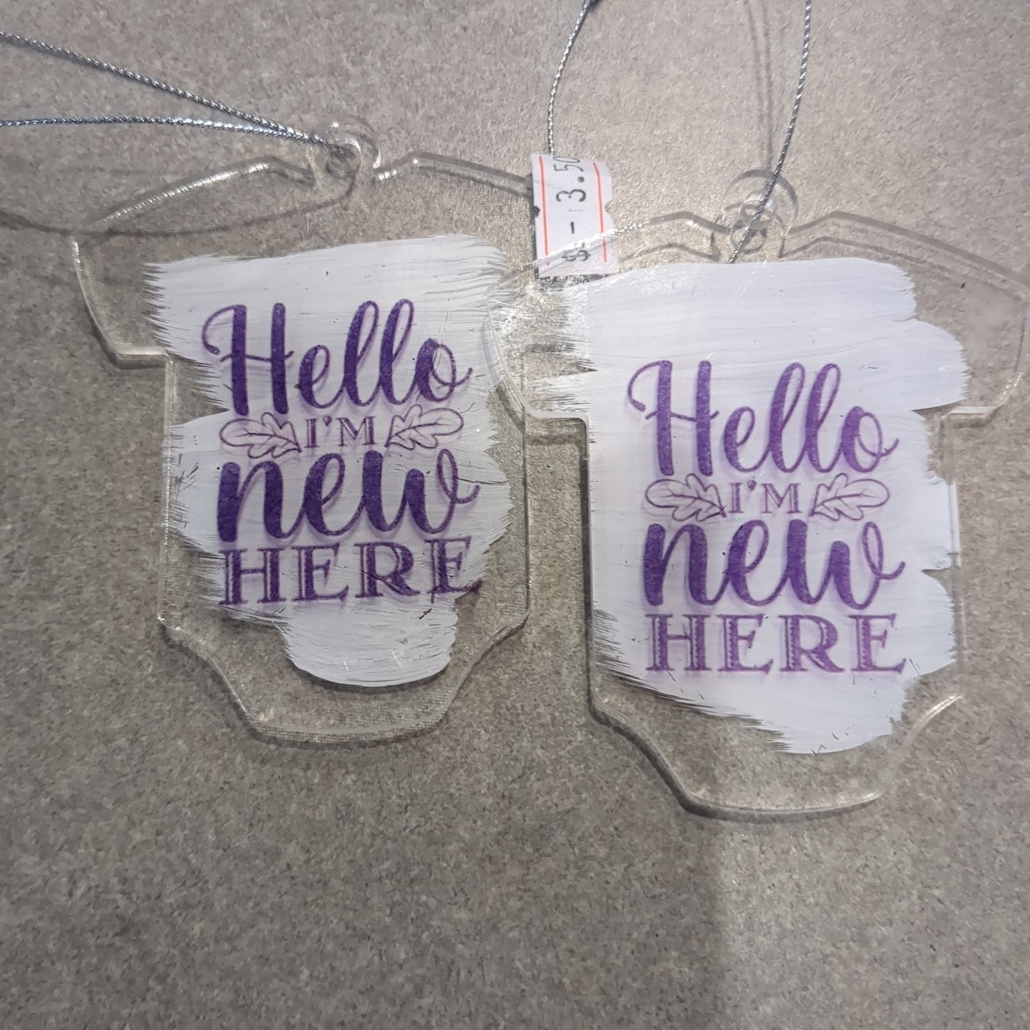 Acrylic onesie ornament hello I'm new here baby ornament