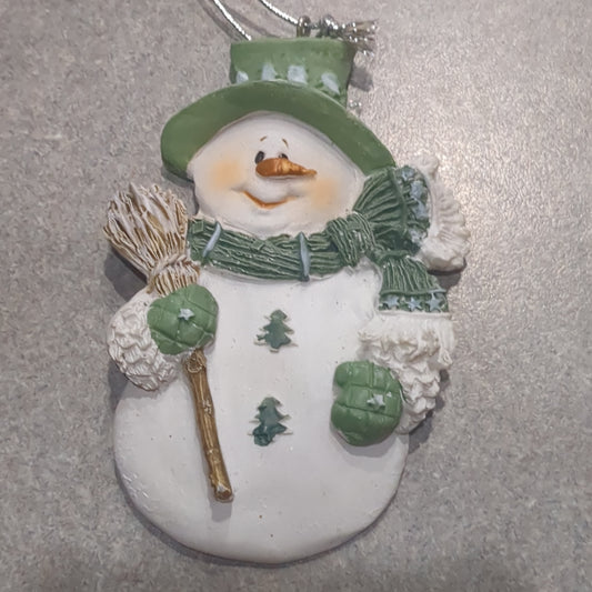Og2 Polycrylic snowman ornament with a broom - green
