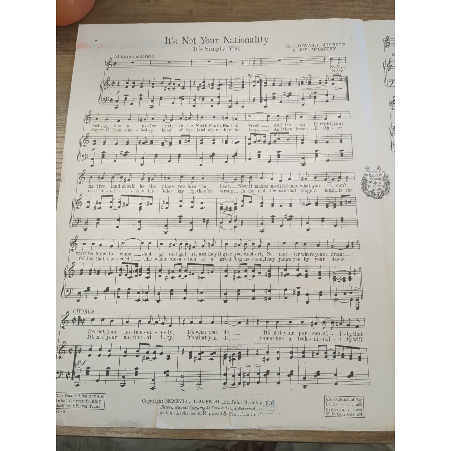 It's Not Your Nationality (It's Simply You) - 1916 large sheet music