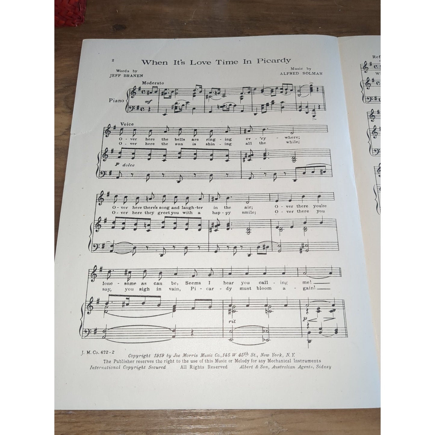 When It's Love Time In Picardy 1919 WWI Pretty Girl Vintage Sheet Music