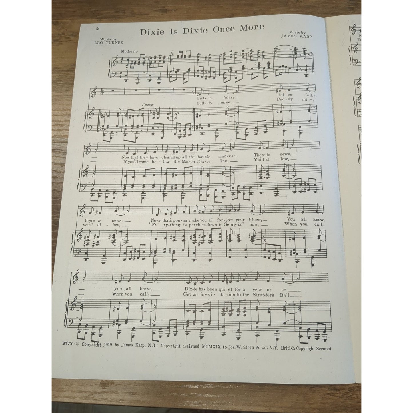 Antique Sheet Music 'Dixie is Dixie Once More' 1919 Leo Turner & James Karp