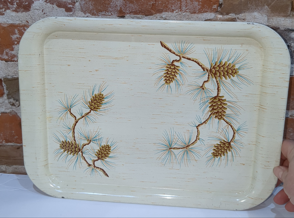 Vintage MCM Turquoise, brown, cream, buttery yellow Pine Cone Metal Serving Tray