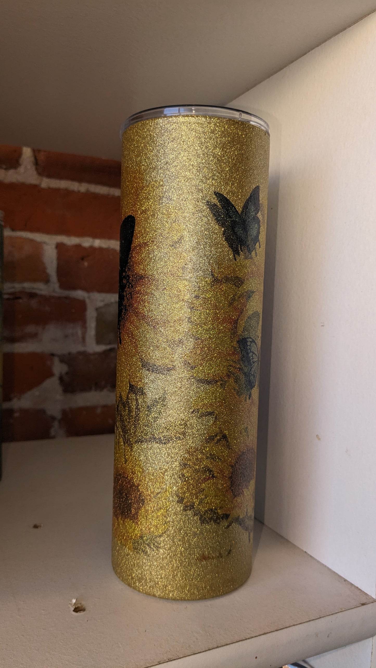 30 Oz stainless steel, insulated, glitter tumbler Sunflower And Butterfly.