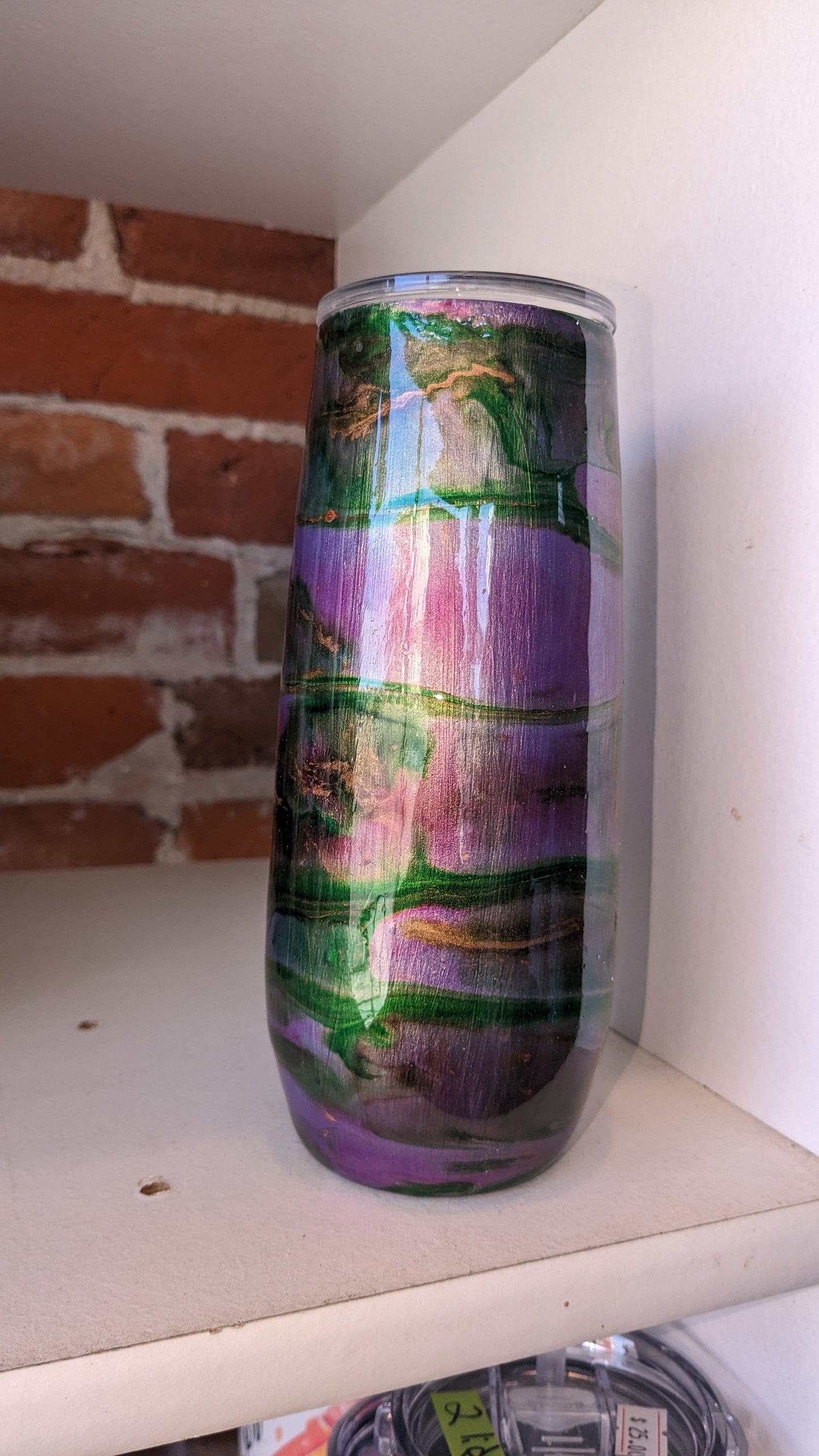 12 Oz Insulated Wine Tumbler Alcohol Ink Purple, Green And Gold