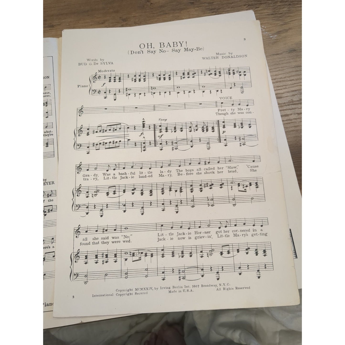 Vintage 1924 Sheet Music, "Oh, Baby - Don't Say No - Say Maybe" Irving Berlin