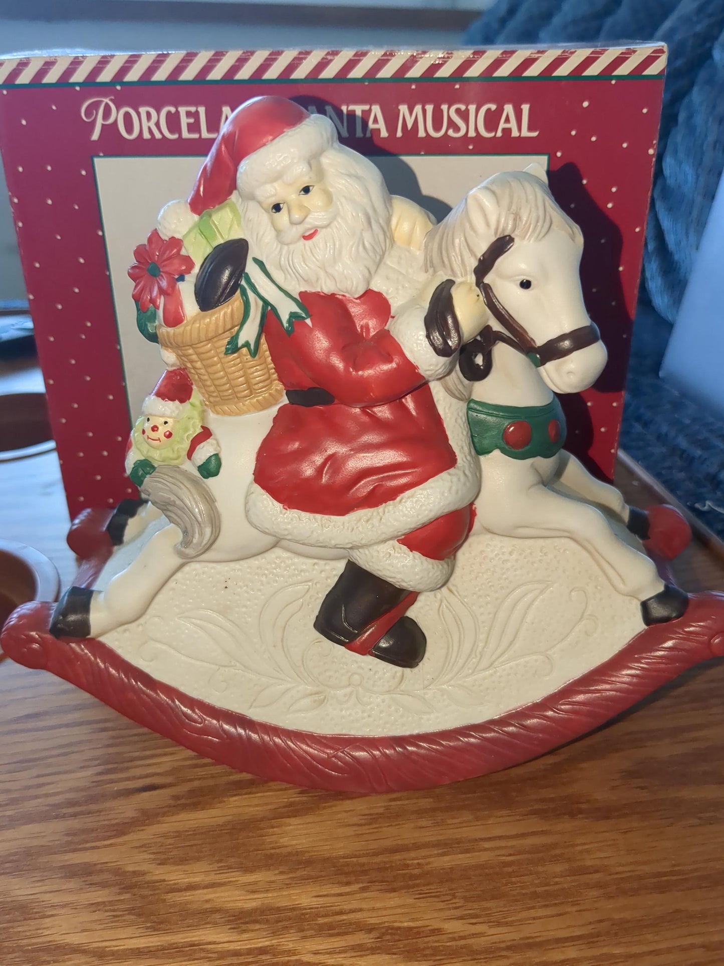 Vintage Santa Porcelain Rocking Horse Music Box for Christmas. made in Taiwain s45