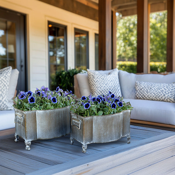 Aged Metal Footed Planters, Set of Two NOT AVAILABLE AT MINDEN LOCATION