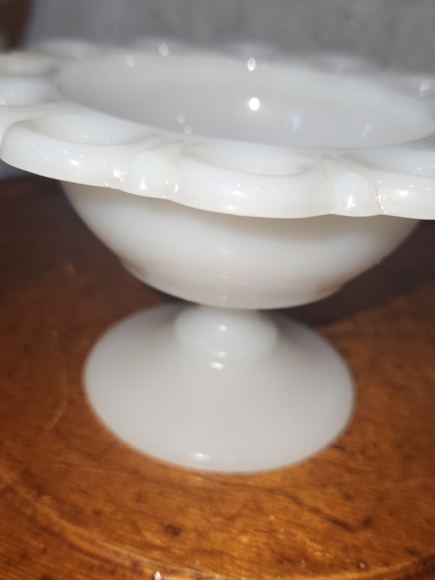 Assemblage Vintage Small Anchor Hocking Old Colony Lace Edge Milk Glass Pedestal Compote Candy pin cushion asm5