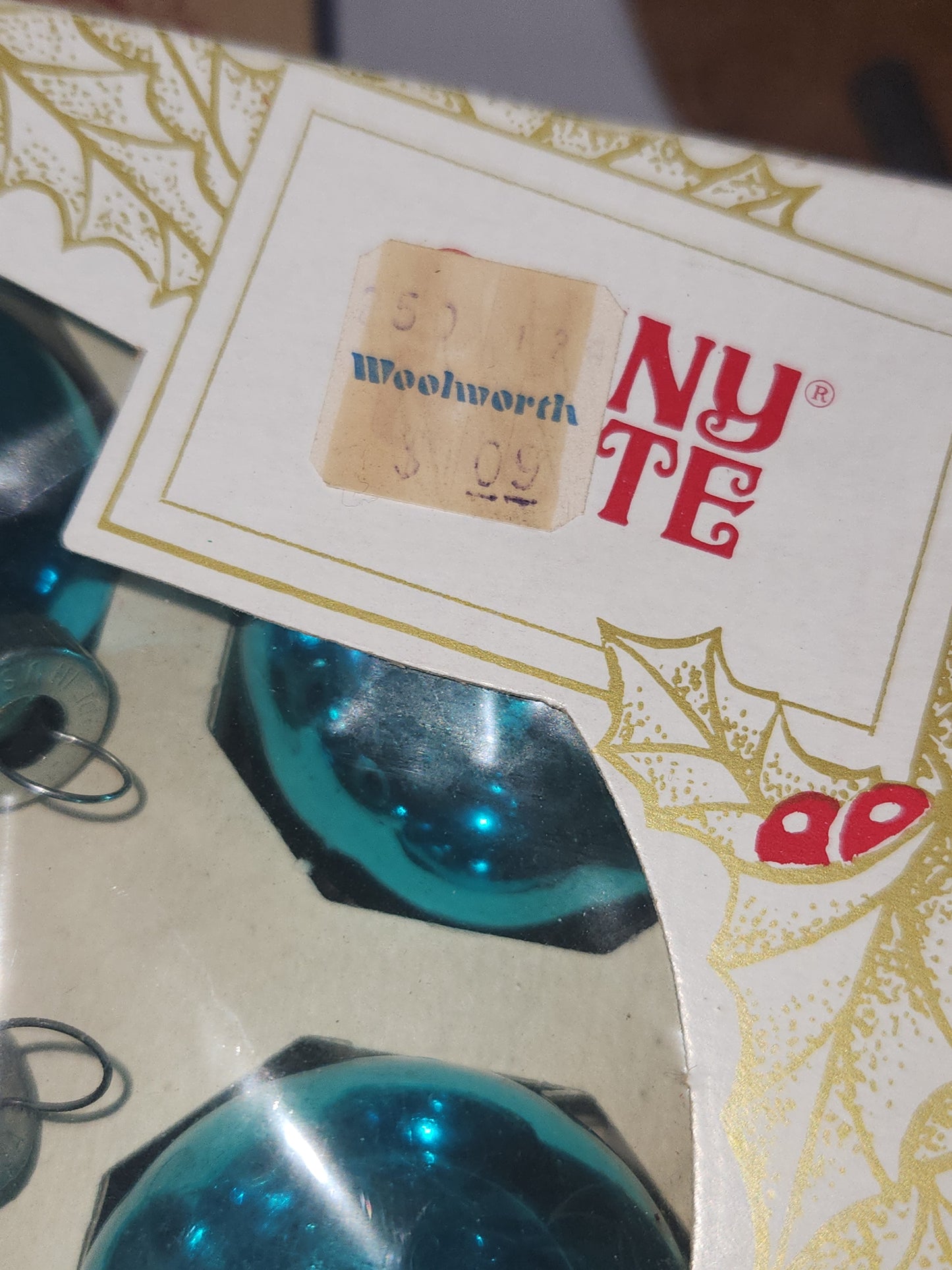 Box of vintage Shiny Brite turquoise blue ornament 1 1/2" Bo14