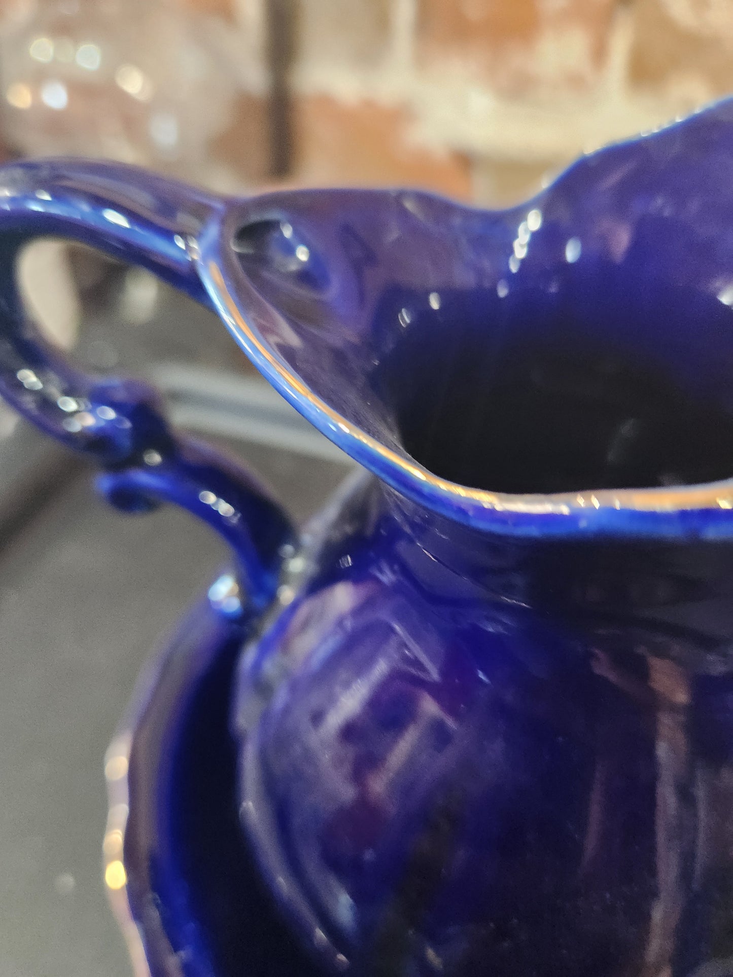 Porcelain Small Pitcher Bowl Set Taiwan Blue Floral Gold Trim Accent pit23