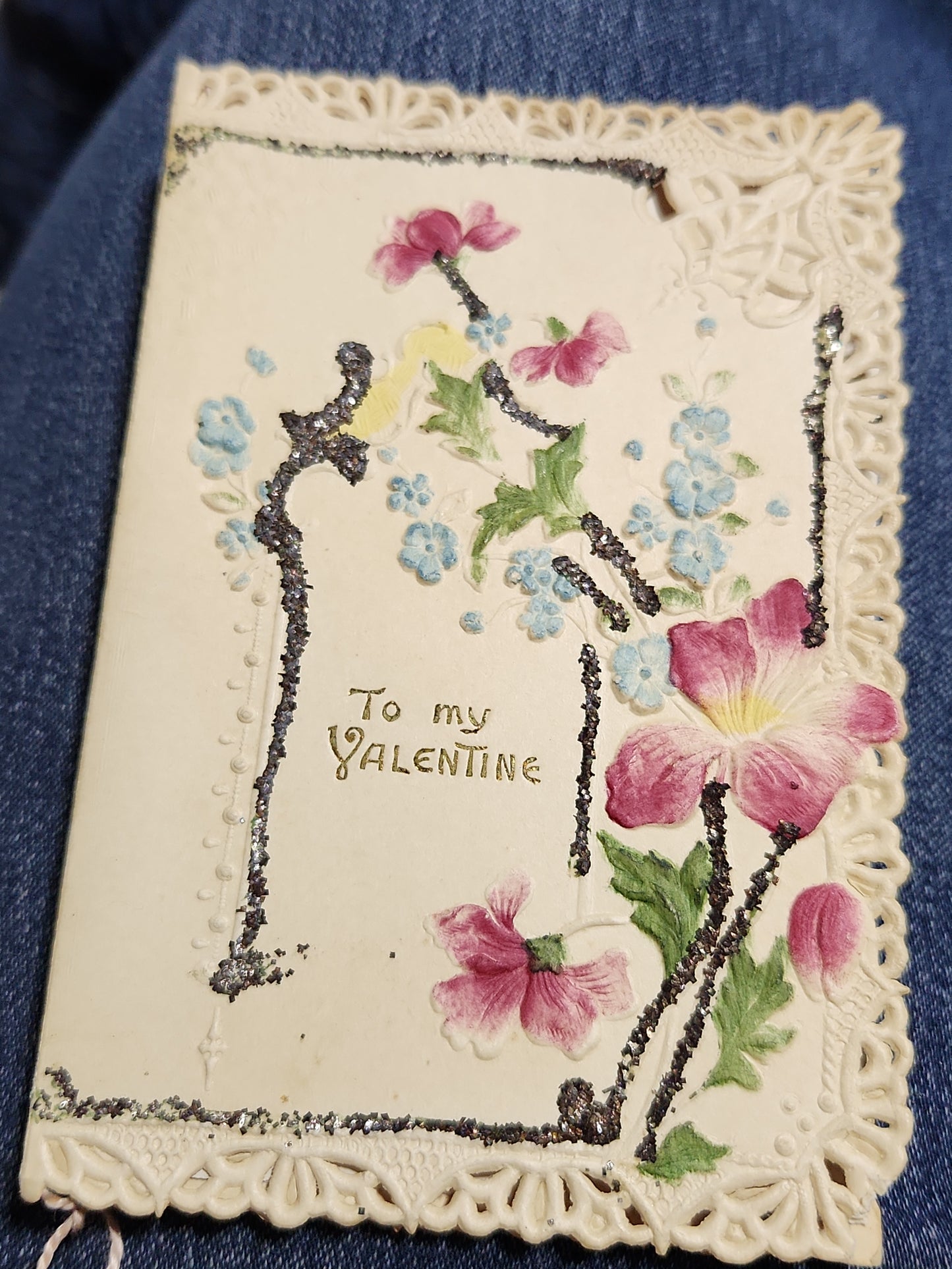Antique Valentine Card Embossed, Mica, Flowers, To my Valentine
