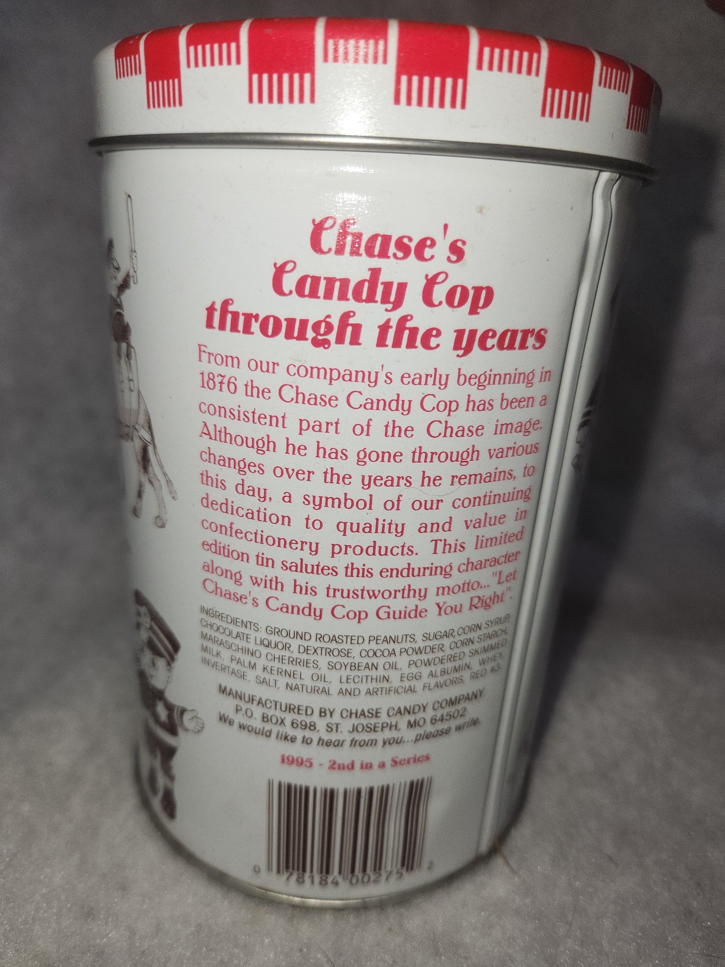 Vintage 1995 EMPTY tin Chase’s Cherry Mash 12 OZ.  Chase’s Candy Cop tin551