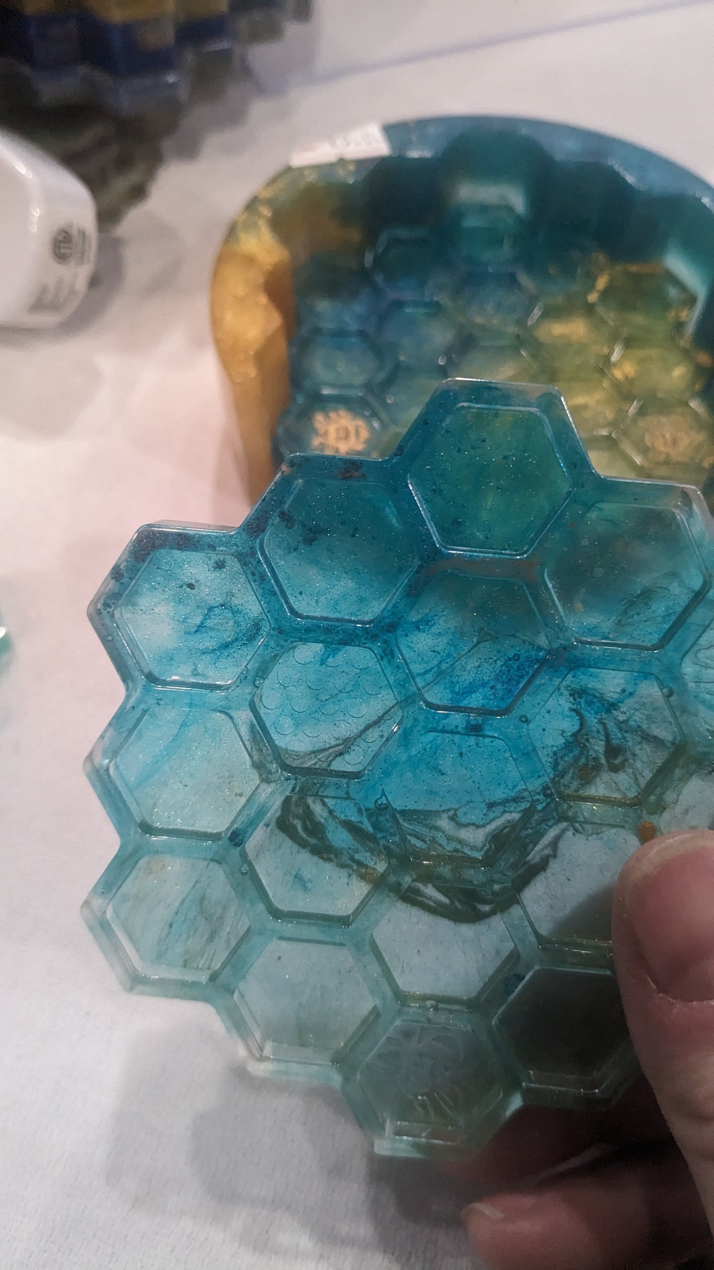Coaster Set turquoise and gold honeycomb and Bee