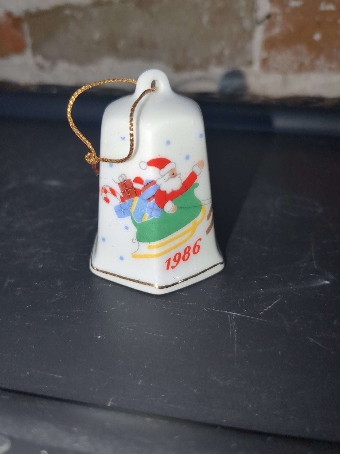 vintage Lillian Vernon Porcelain Bell 1986 Santa Sleigh Reindeer 2" Christmas Ornament bell56