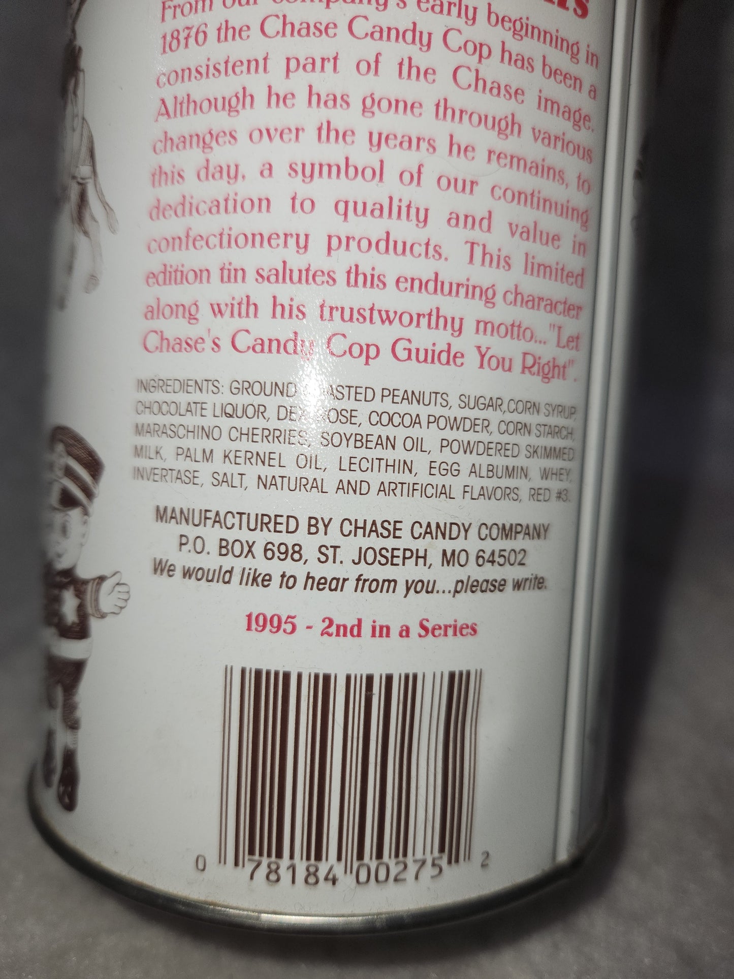 Vintage 1995 EMPTY tin Chase’s Cherry Mash 12 OZ.  Chase’s Candy Cop tin551