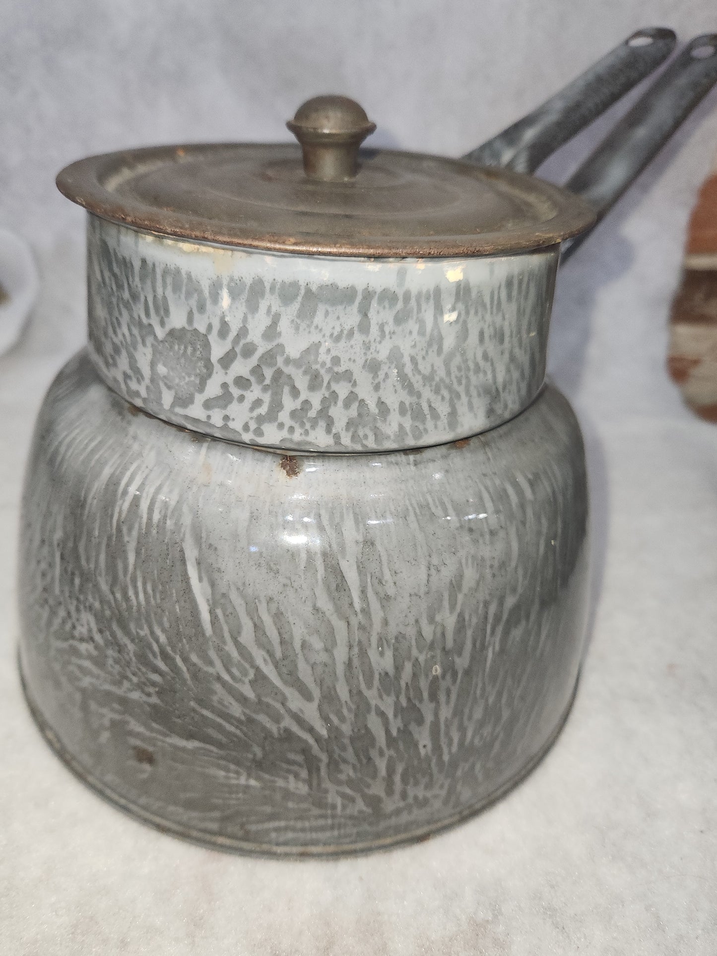 Vintage Primitive Graniteware Enamelware Double Boiler Pot Light Grey Dark Grey Speckled en88
