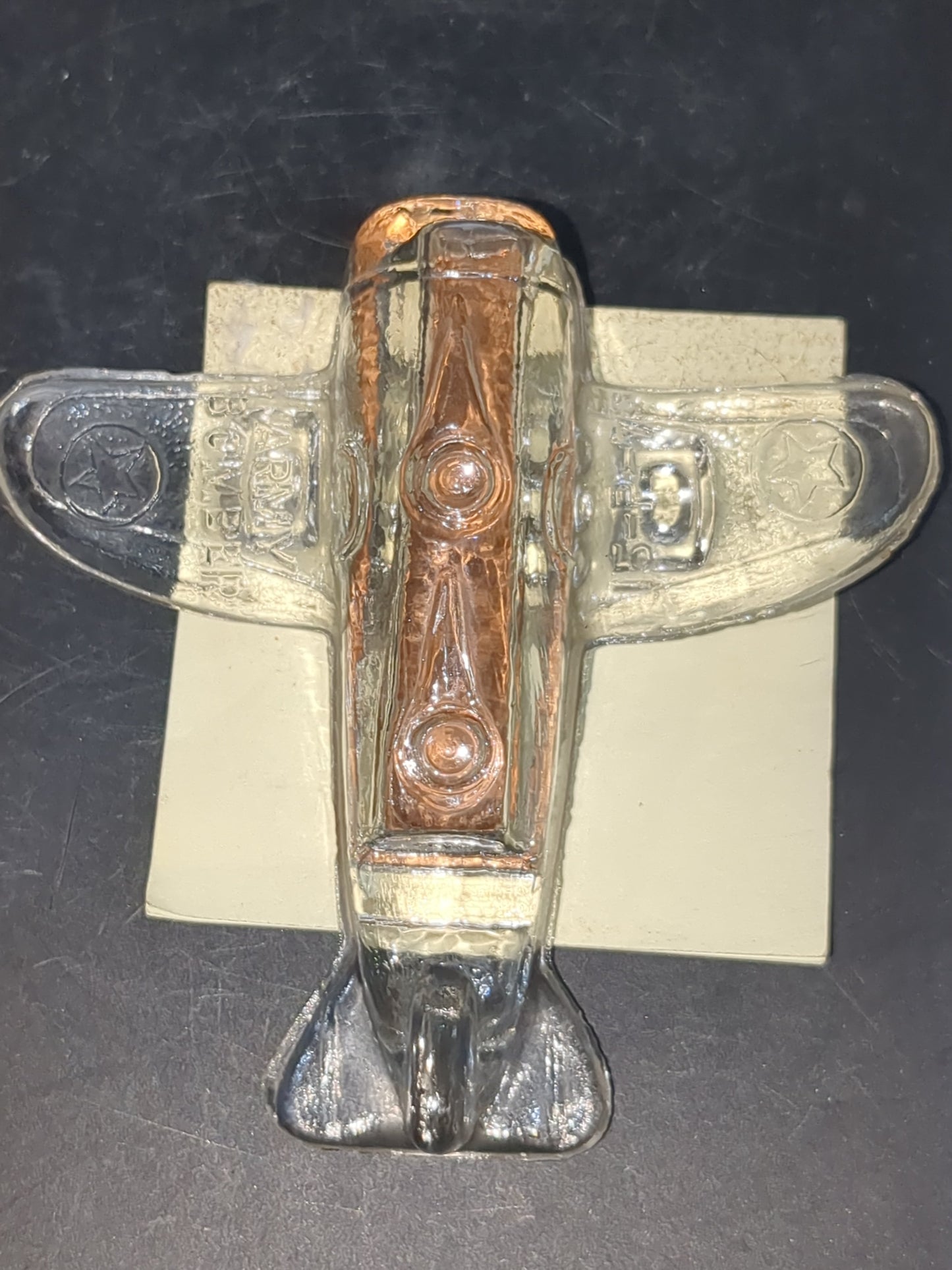 Vintage 1940s Jeanette Glass WWII  US Army Bomber glass candy container with original label Figural glass airplane candy gl123