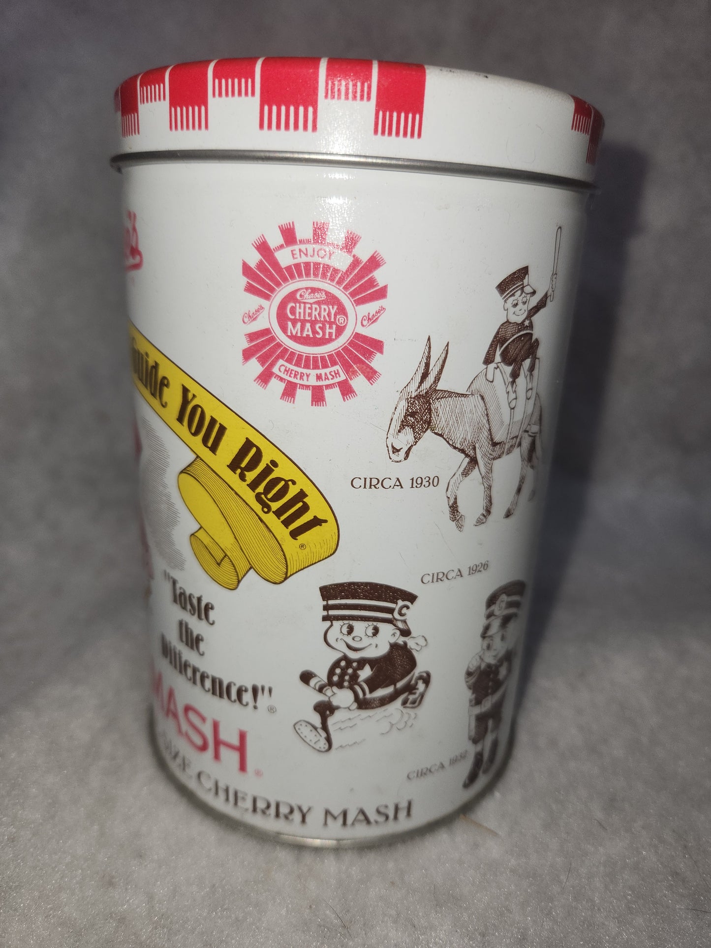 Vintage 1995 EMPTY tin Chase’s Cherry Mash 12 OZ.  Chase’s Candy Cop tin551