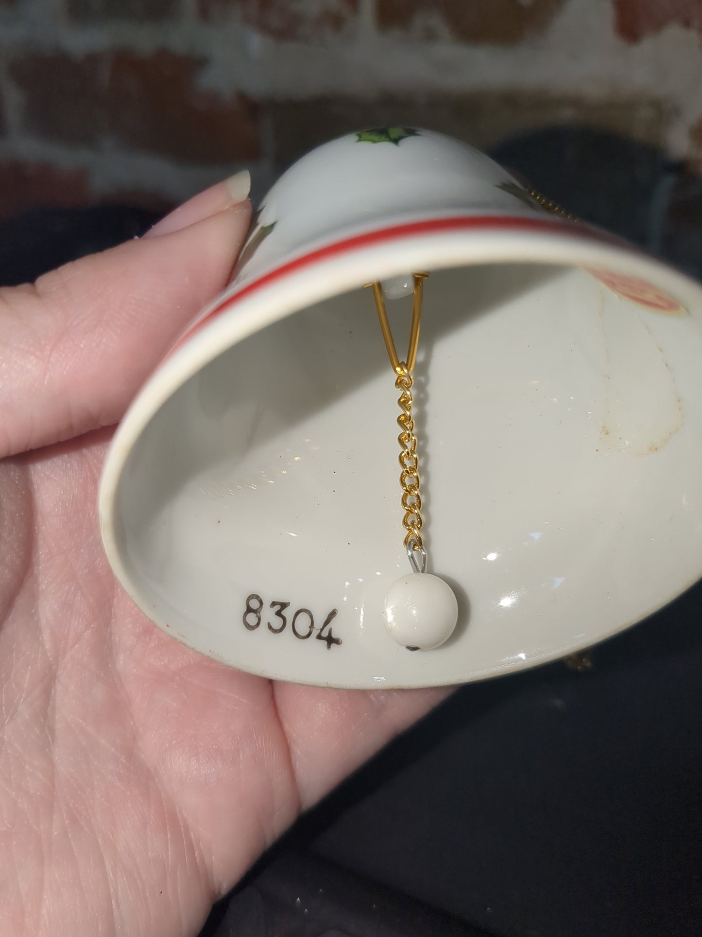 Vintage Lefton Christmas Ornament Porcelain Bell with Holly & Berries Japan #8304 bell89