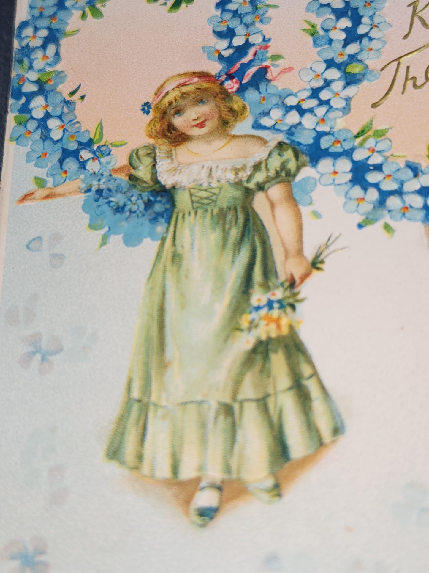 Antique Tuck & Sons Valentines Day Greeting Card Girl, gold birds, blue flowers, Kind Thoughts
