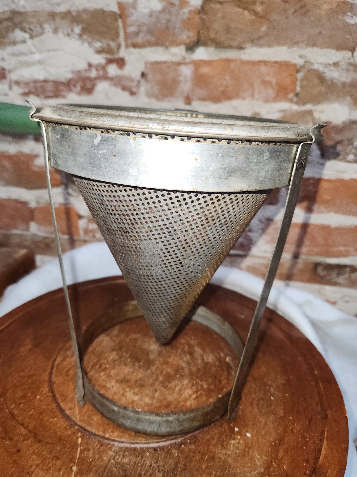 Vintage Cone Sieve Colander in stand Green Handle Patina kit719