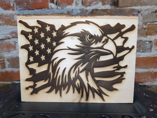 Live edge slab wood flag with eagle laser engraved ew53
