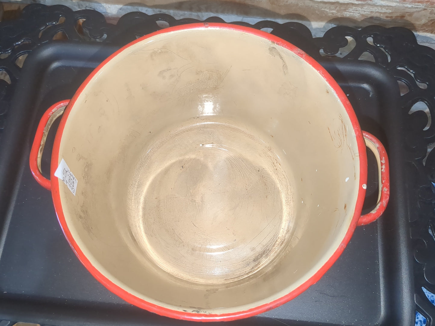 vintage cream and red enamel pot ena23