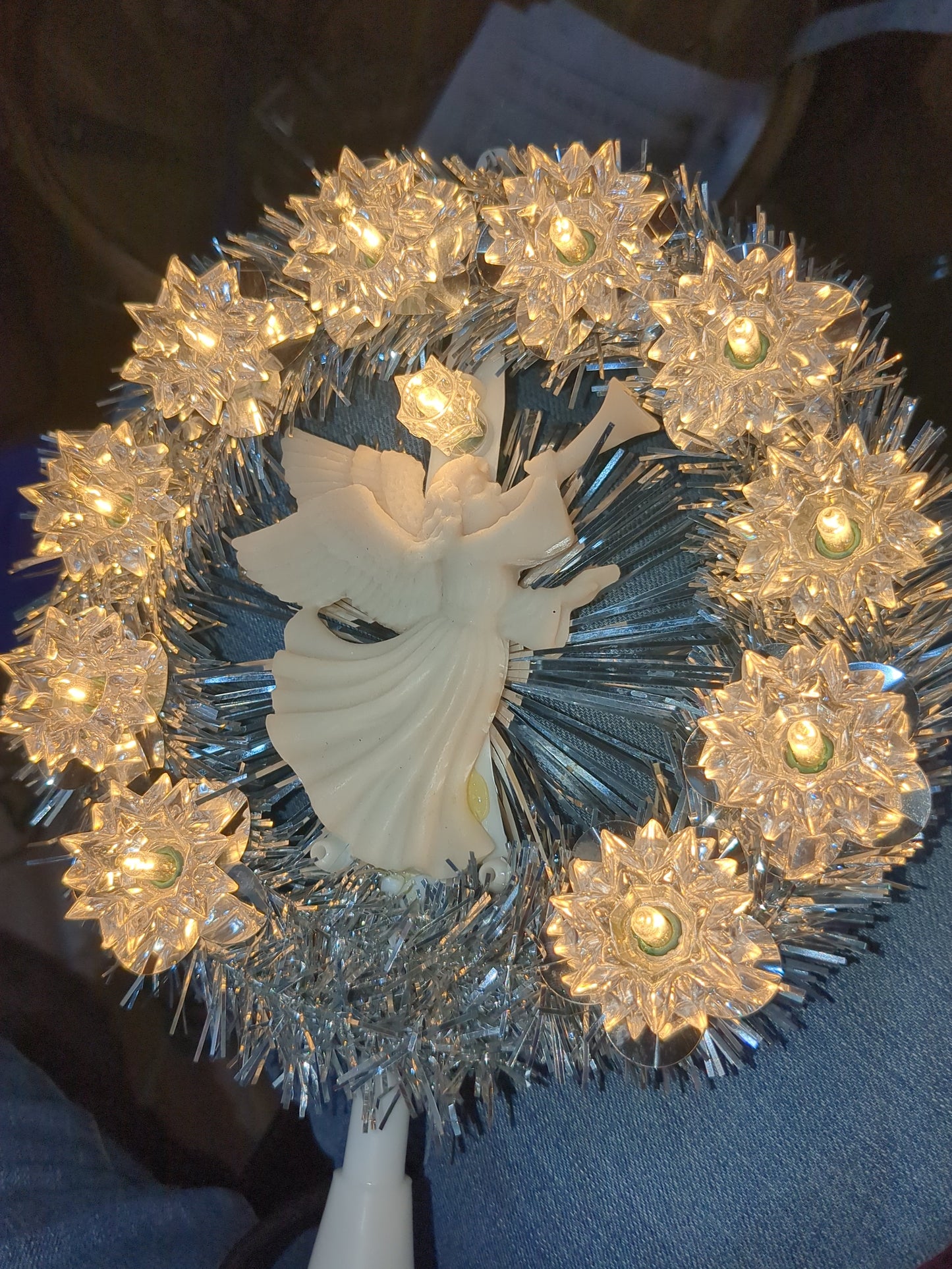 111 Vintage Merry Brite 11- Light Tree Topper Silver tinsel White Angel works tt236