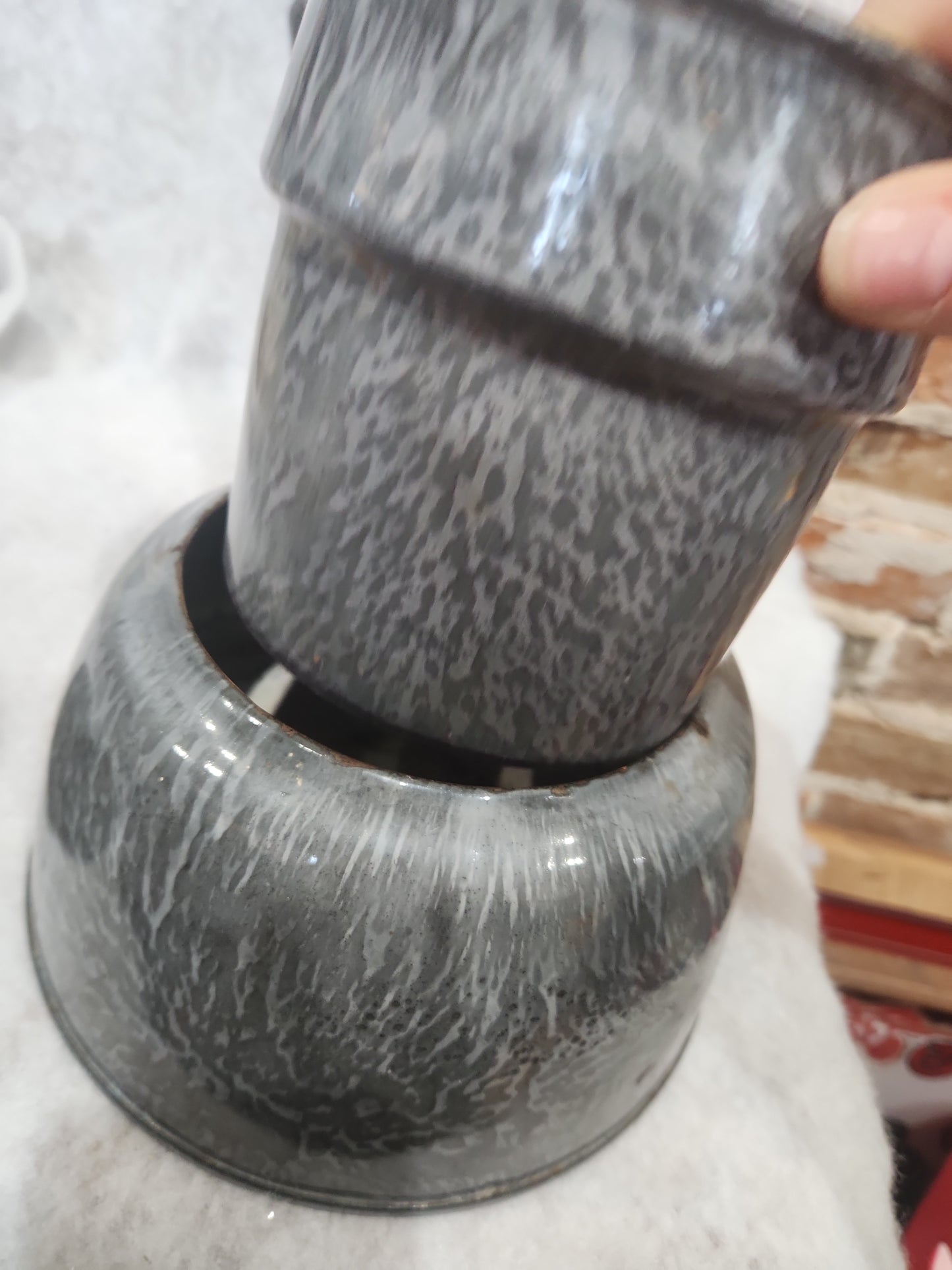 Vintage Primitive Graniteware Enamelware Double Boiler Pot Light Grey Dark Grey Speckled en88