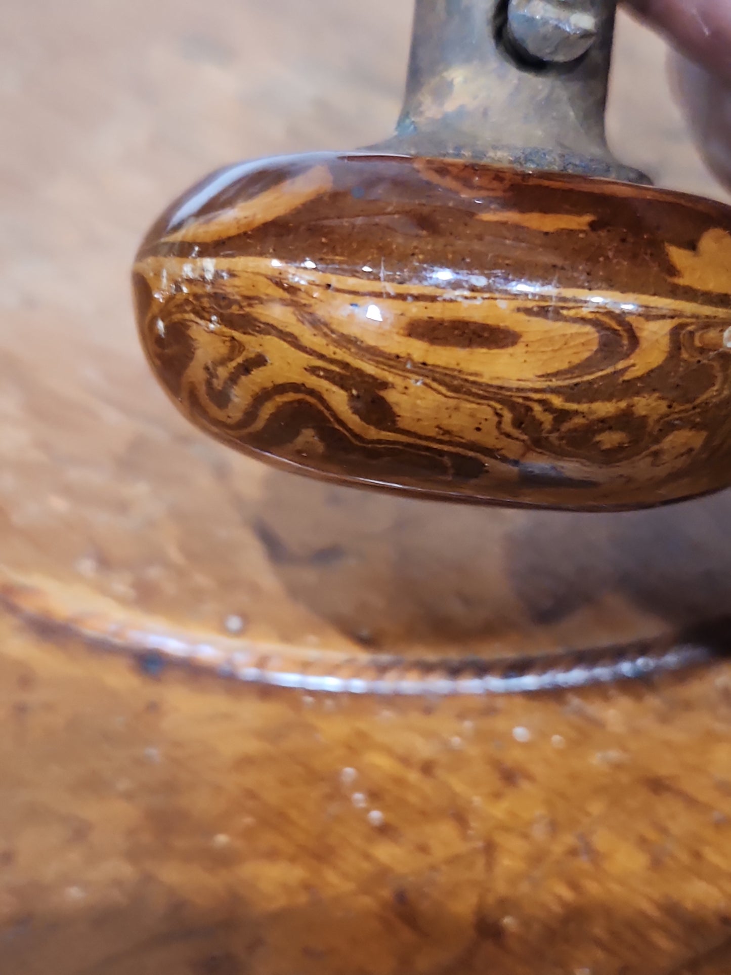 Antique UNMATCHING Porcelain Brown Marble or Swirl Door Knobs attached to a stem kn20