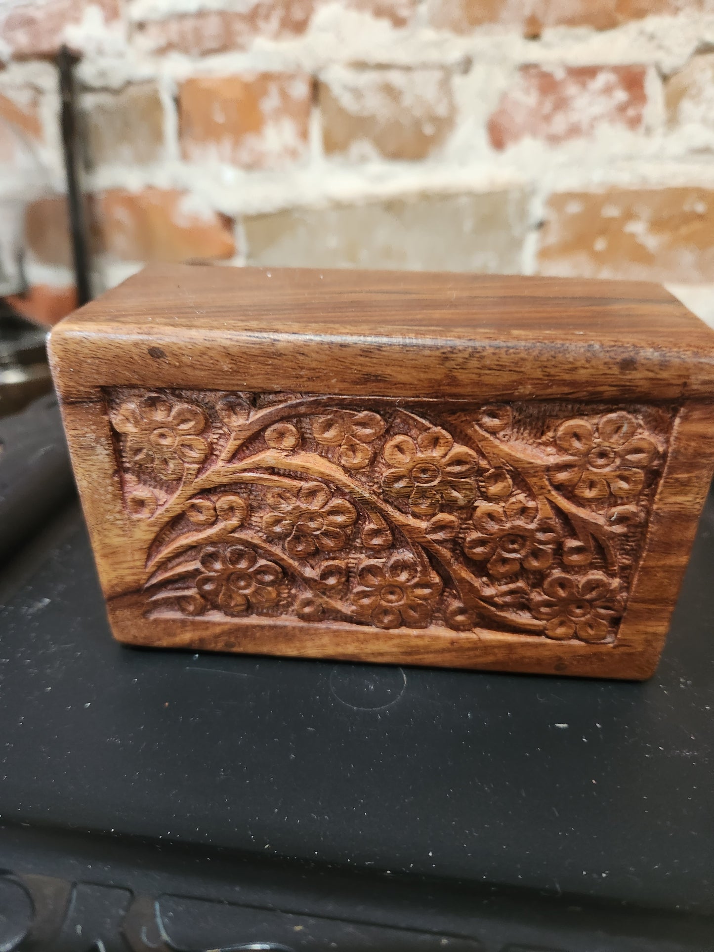 Vintage Hand Craved Wooden Box Lid Opening on Bottom Floral Design smaller of the two boxes box46
