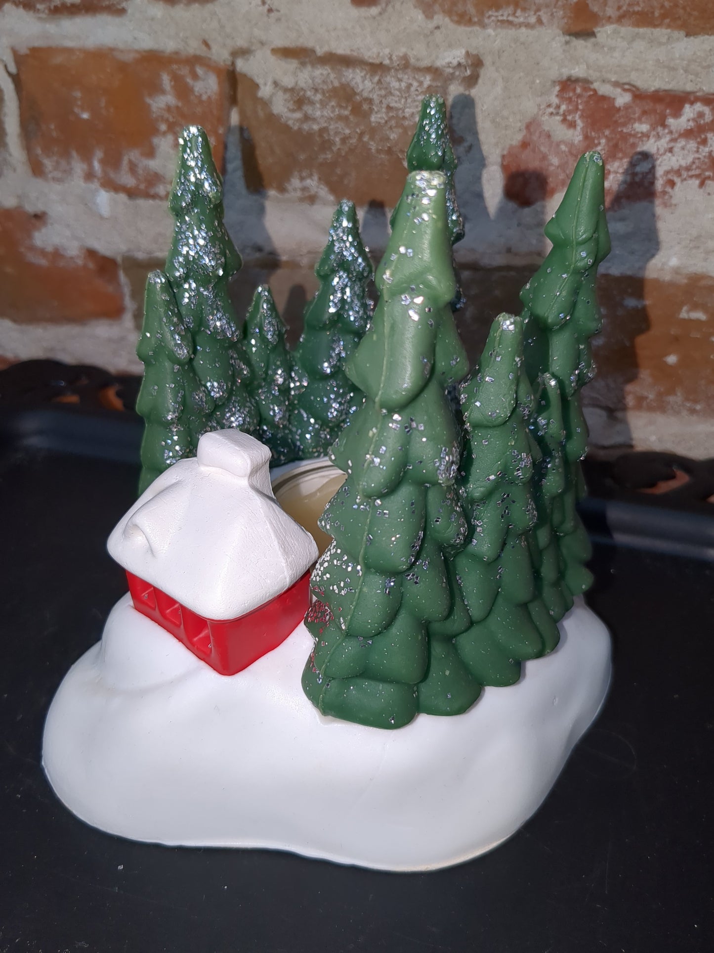 vintage Avon Winter Wonderland Bayberry Candle Scene candleholder barn trees av596