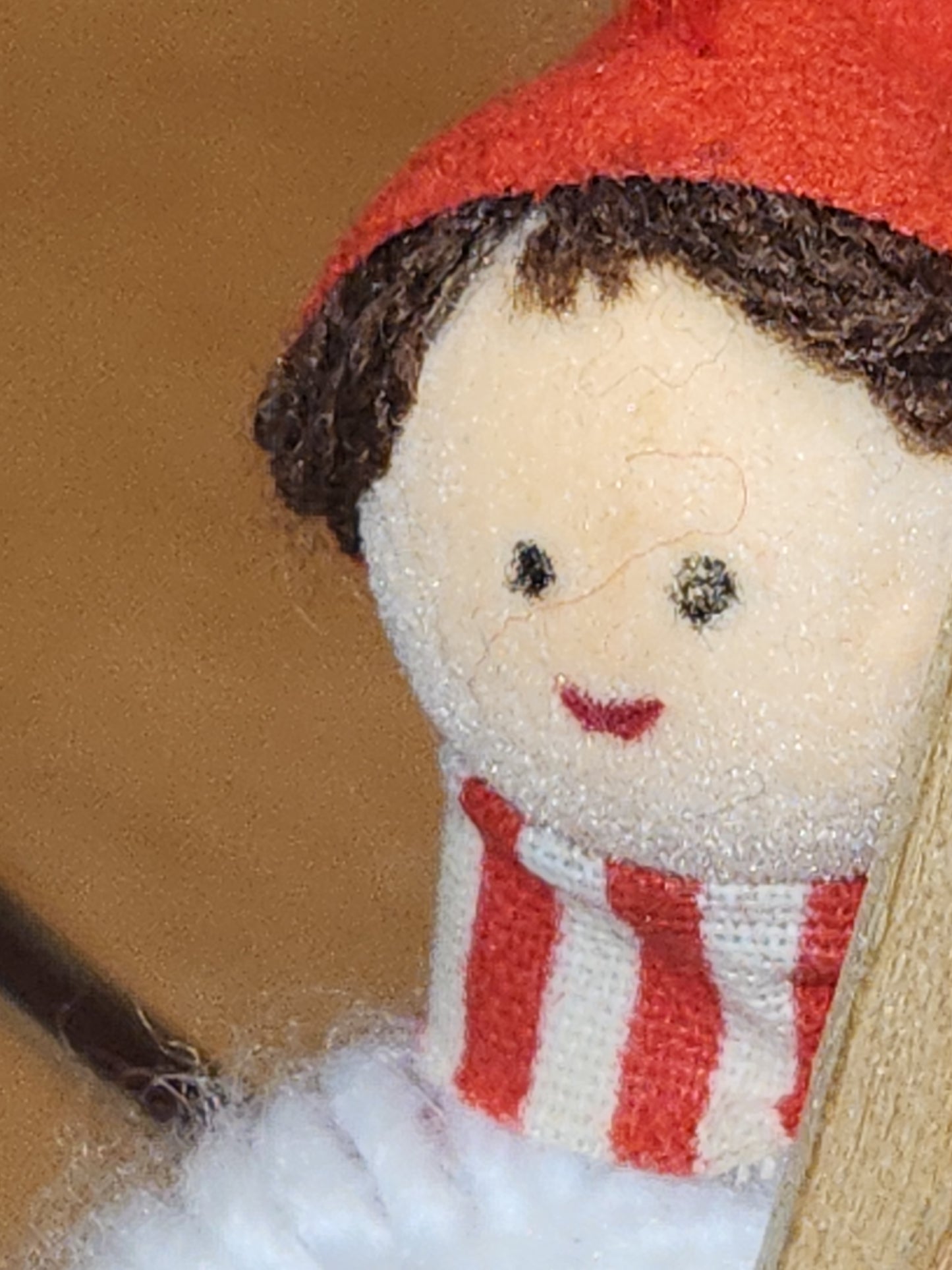 Vintage Fabric & Wood Boy w/Skies Christmas Ornament Germany