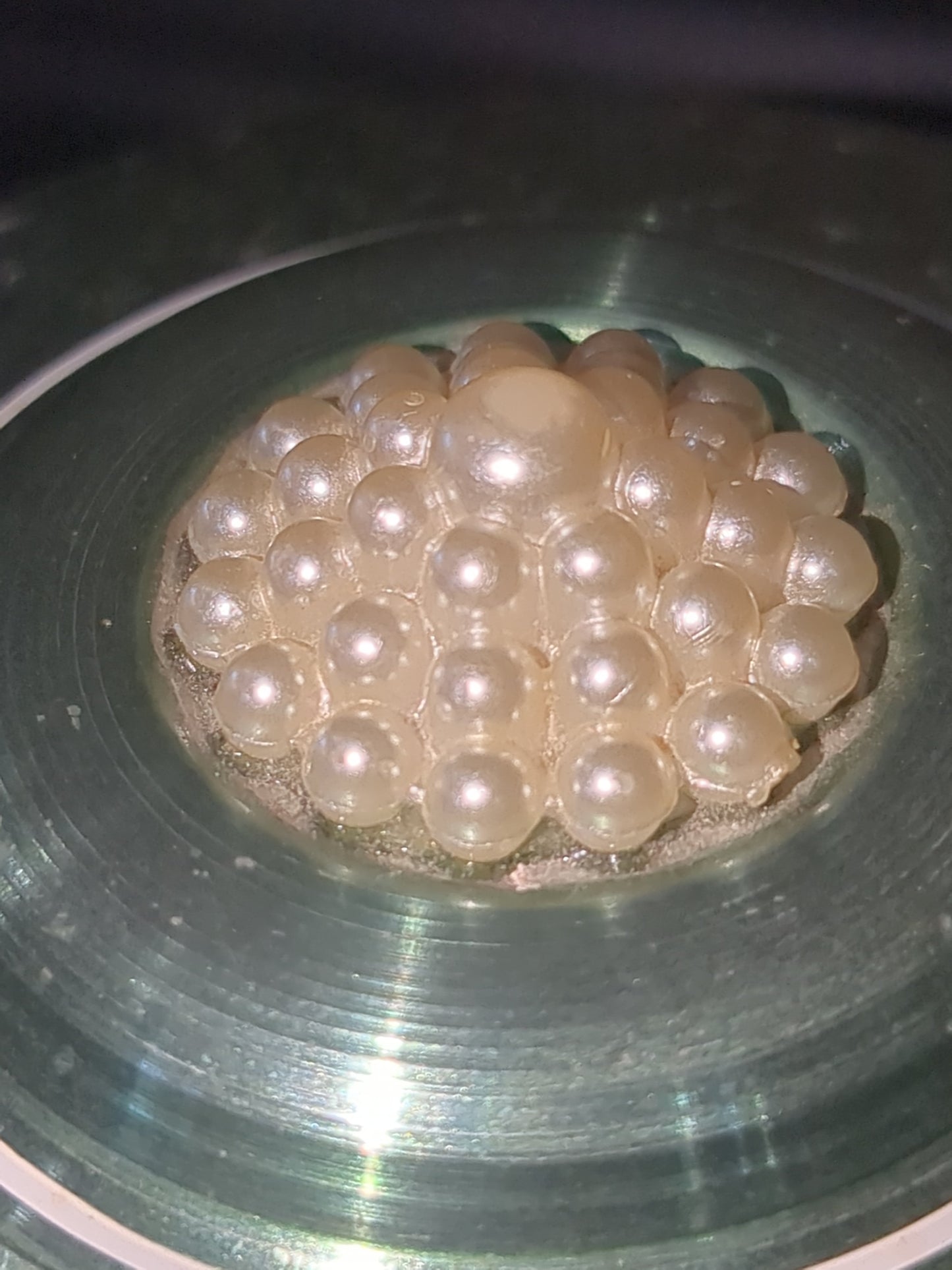 Vintage, round, aluminum, powder puff music box with faux pearls on top. Mb1