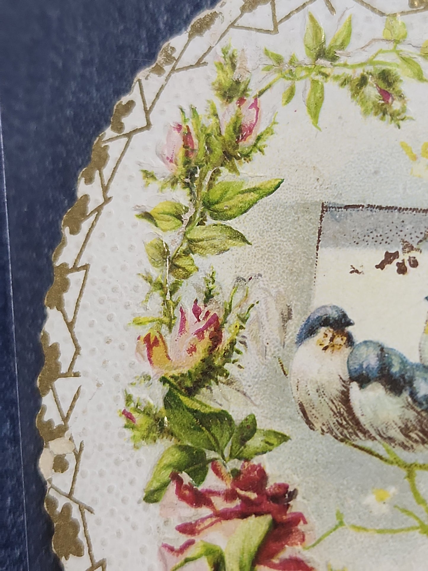 Antique Valentine Card Die-Cut Embossed Heart with Birds and Roses